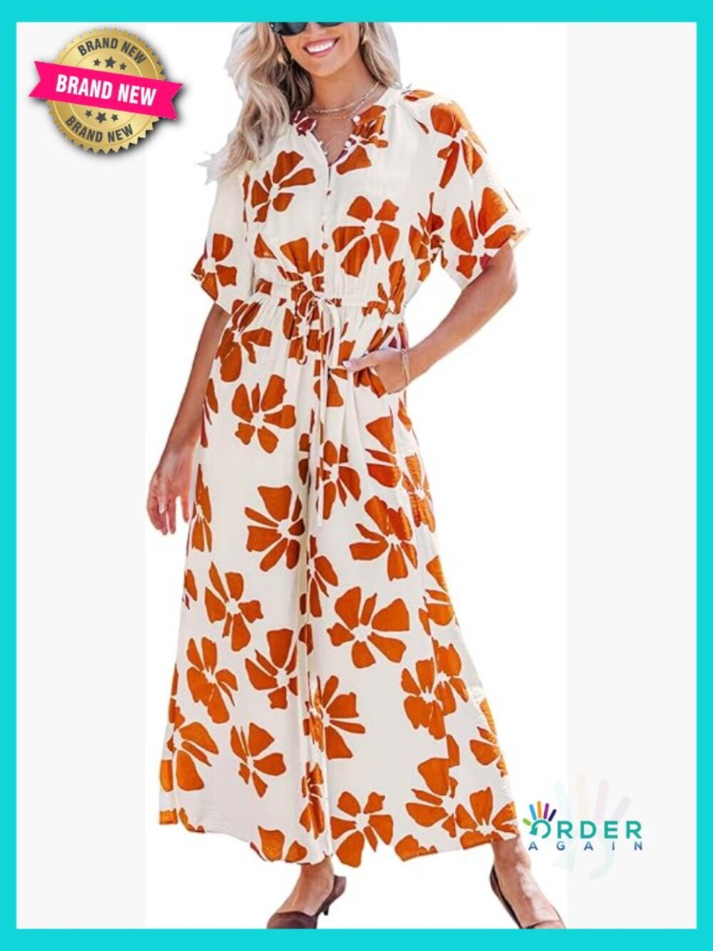 Floral Print Button Down V Neck Wide Leg Romper Jumpsuit Vacation Outfit
